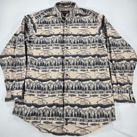 Woolrich Fishing Printed Long Sleeve Button Down Flannel Men's Size XL Tall - Picture 1 of 6